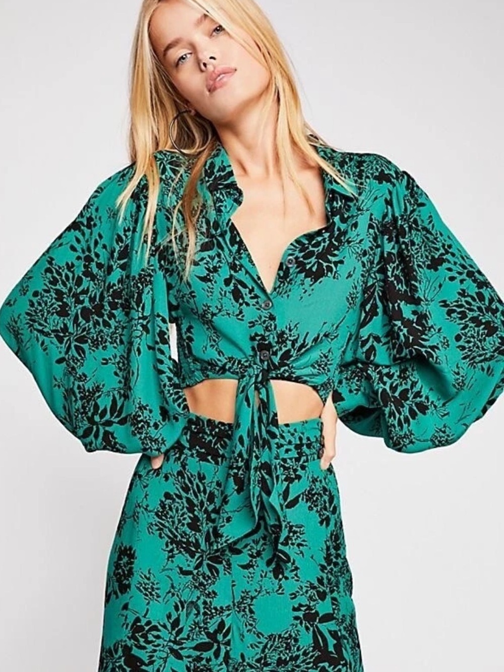 Free people boho front tie cropped printed top